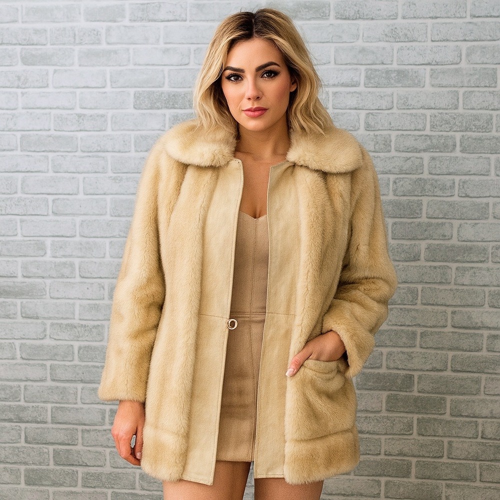 Vintage Lilli Ann London Leathers Cream Blonde‎ Faux Fur Suede Coat 70s Mod Glam